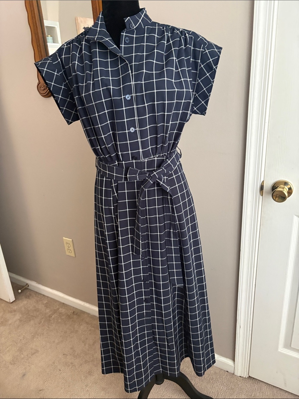 Calvin Klein Navy Windowpane Belted Maxi Shirt Dress - Picture 6 of 8